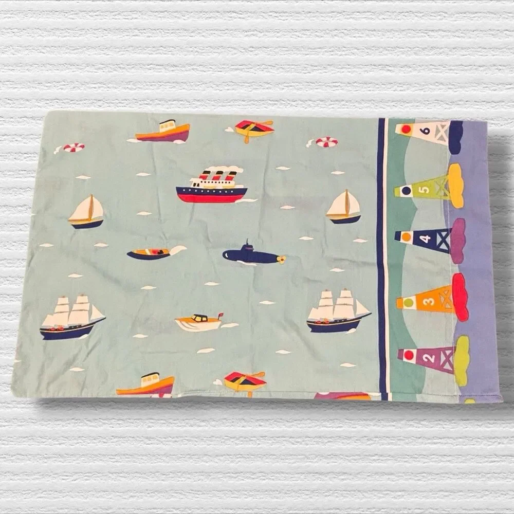 Vintage Olive Kids Boats Pillowcase Dan River 2000 Nautical Ships Buoys USA